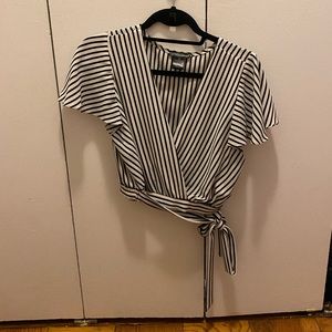 Aqua black and white striped cropped wrap top